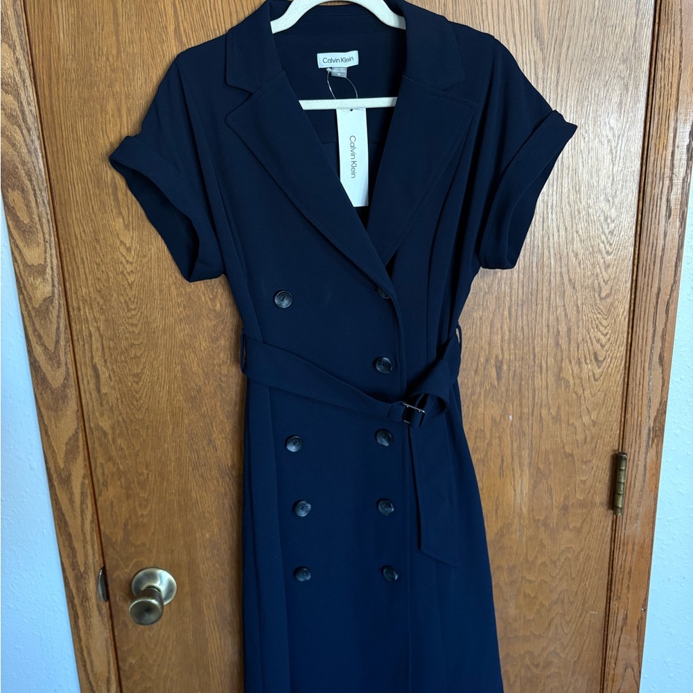 Calvin Klein Navy Double-Breasted Midi Dress with Belt